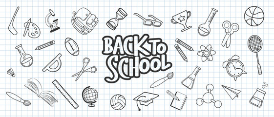 Back to school. Lettering On the background of hand-drawn school items. Sketch, outline. Illustration for Teacher's Day, vectorol