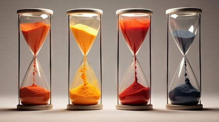  three hourglasses with different colored sand inside of them.  generative ai