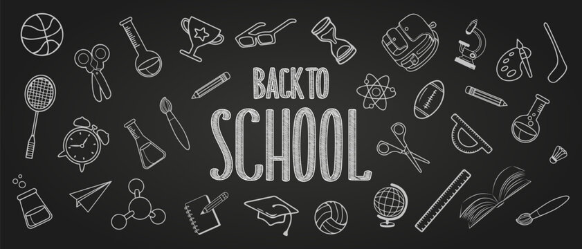 Back to school. Lettering On the background of hand-drawn school items. Sketch, outline. Illustration for Teacher's Day, vector