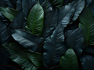 Textures of abstract black leaves for tropical leaf background. Flat lay, dark nature concept, tropical leaf 