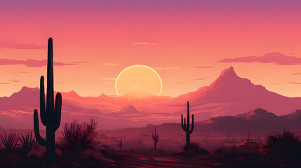 A desert landscape with cacti silhouettes and a gradient of pink purple and gold in the sky. - obrazy, fototapety, plakaty