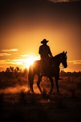 silhouette of a cowboy on a horse at sunset