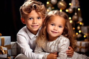 Fototapeta na wymiar Portrait of beautiful children: boy and girl near the Christmas tree with gifts