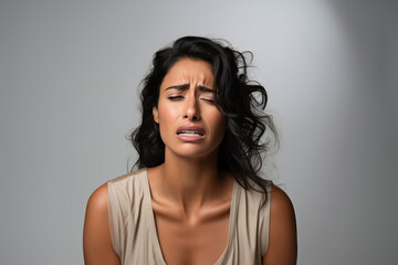 Crisis depression and mental emotional problems concept. Depressed frustrated young woman suffering from headache, migraine, feeling stressed, sick, tired, thinking over bad news