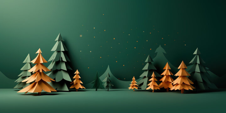 Green paper pine trees and stars on green background