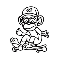 Monkey rides on a skateboard waving line art