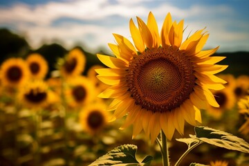 Sunflower field with blurry foreground flower, bokeh effect in the background. Generative AI