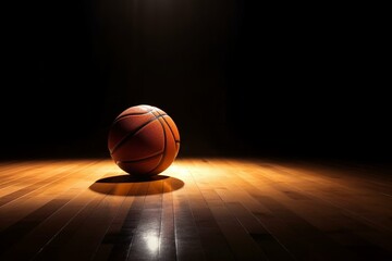 Orange basketball on dark wooden floor, lit by spotlight. Generative AI