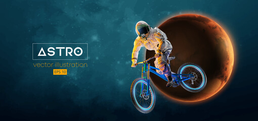 Abstract silhouette of a mtb rider, astronaut is doing a trick, on sport bicycle in space action and Earth, Mars, planets on the background of the space. Mountain cycling sport transport. Vector