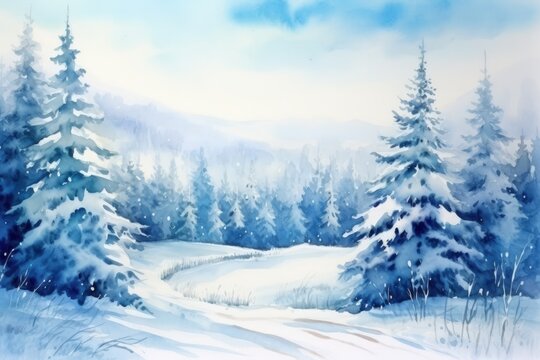 Mountains, christmas winter forests in a watercolor scene, new year landscape