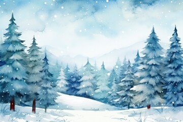 Fototapeta na wymiar Mountains, christmas winter forests in a watercolor scene, new year landscape