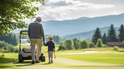 A grandfather teaching his grandson how to golf amidst a beautiful golf course.