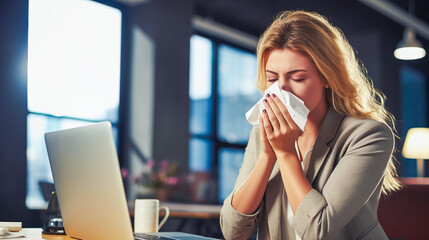 sick woman blowing their nose while she sits in the office