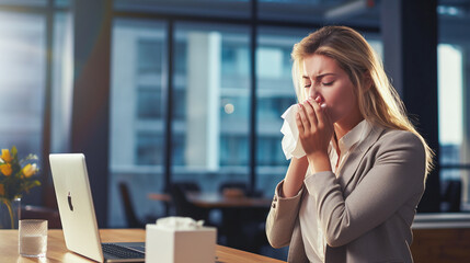 Obraz premium sick woman blowing their nose while she sits in the office