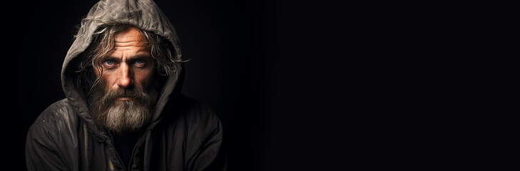 Fototapeta premium Homeless man with beard in dirty clothes on black background, feeling anxious, despair looking into camera. Social economic problems concept. Empty space place for text, copy paste