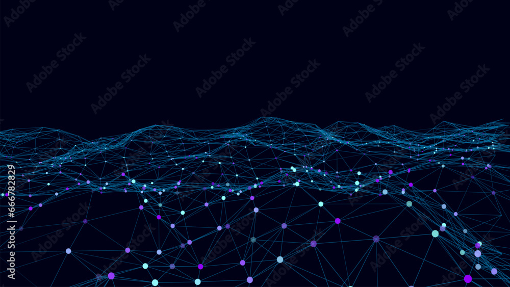 Poster abstract wave background with dots and lines moving in space. technology illustration. futuristic mo