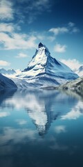 A Majestic Mountain Reflects Its Grandeur in the Serene Surface of a Large Lake, Creating a Picturesque and Tranquil Landscape of Natural Beauty