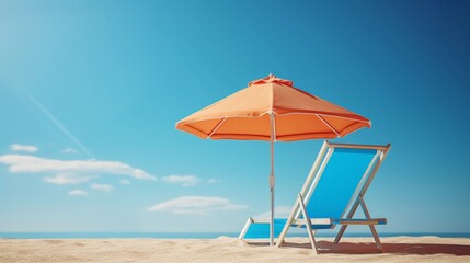 Empty deckchair with umbrella on the sand in the background of blue sky with clouds, concept of travel to warm countries, trip and vacation