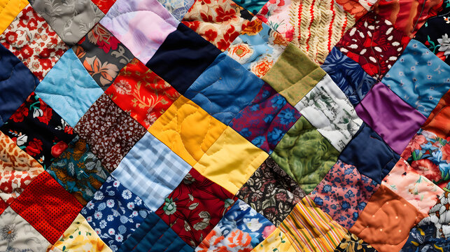 A homemade patchwork quilt stretched out with vibrant patterns and fabrics.