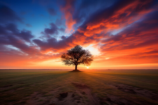 A lone tree in a field standing against the backdrop of a dramatic orange and blue twilight.