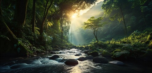 amazon rainforest with tropical vegetation, a creek runs through a mysterious jungle, a mountain...