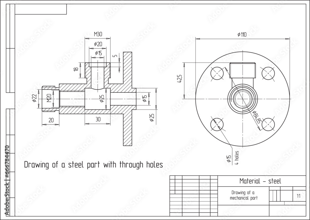 Poster vector drawing of a steel mechanical part with through holes. engineering cad scheme. mechanic backg