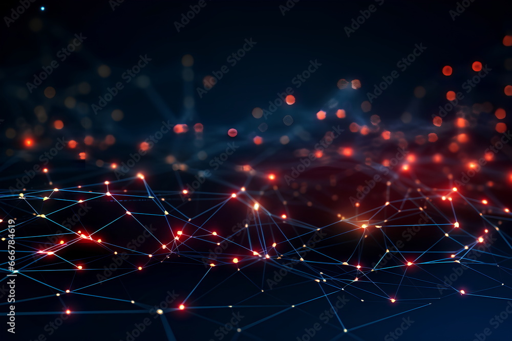 Poster Technology abstract network with a cyber network grid and connected particles. Big data visualization. Digital dots and lines