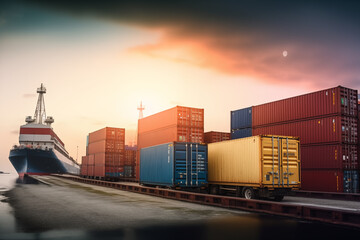 Shipping containers in sea port on sunse. Logistics concept. Freight shipping. Warehouse, container shipping in dock.. Import export, Goods Delivery, Cargo transportation. Ai Generative 