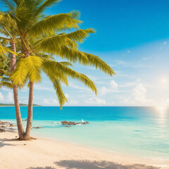 Unspoiled sandy beach with palm trees and azure ocean in the background - obrazy, fototapety, plakaty