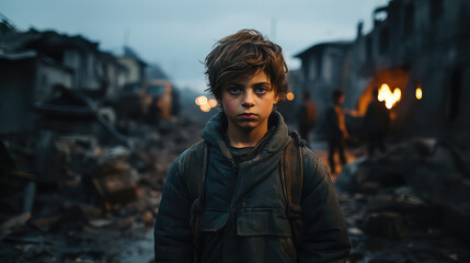 sad boy in demolished war ravaged cityscape