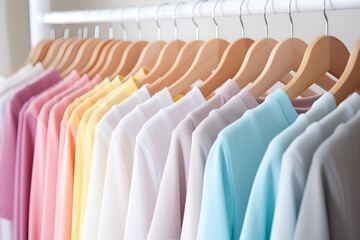 Close up of Colorful t-shirts on hangers, apparel cloth background