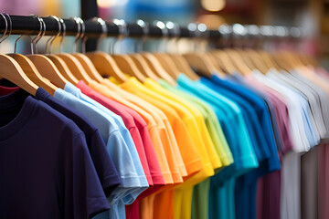 Close up of Colorful t-shirts on hangers, apparel background - obrazy, fototapety, plakaty