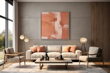 Living room with coffee table, armchair, poster on wall. Home design. 3D rendering. Generative AI