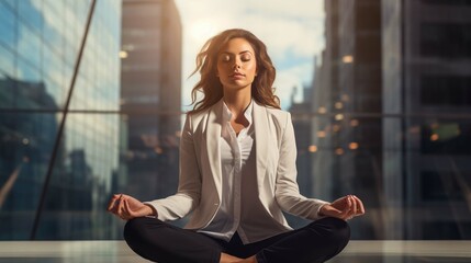 Business woman is meditating to relieve stress of busy corporate life  - obrazy, fototapety, plakaty