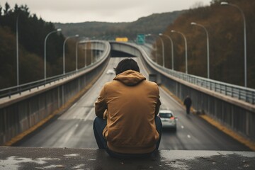 depressed young man contemplating suicide on a highway bridge