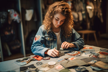A teenager sewing a patch onto a denim jacket surrounded by various patches and pins. - obrazy, fototapety, plakaty