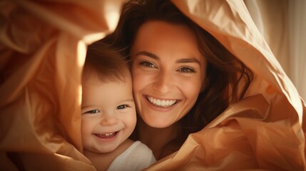 Happy family. Mother and baby playing under blanket 