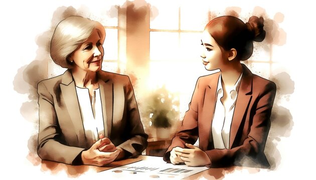 Seasoned female business strategist with a kind demeanor brainstorming with a young female professional in a classic office, shadows highlighted through watercolor techniques.