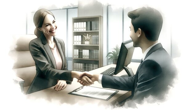Bank or insurance agent beaming as she seals a deal with a handshake with a client, delicate watercolor blends capturing the office setting.