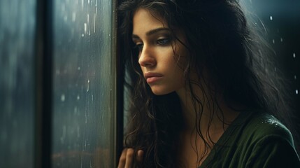 Melancholy and sad young woman at the window in the rain