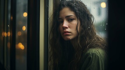 Melancholy and sad young woman at the window in the rain
