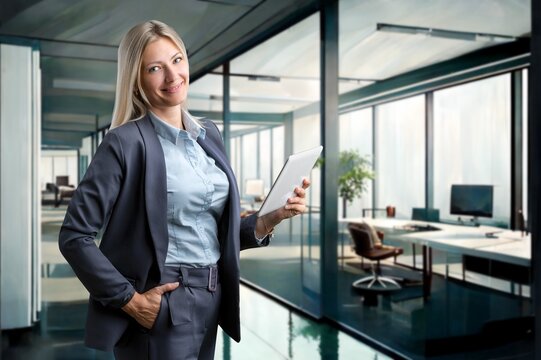 portrait of happy business woman in office, AI generated image