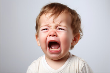 Close up portrait of a cute little boy kid crying and screaming. Isolated on a white background. A white Caucasian child with light hair. Strong emotions of despair, pain, and resentment
