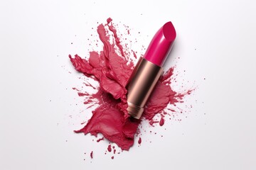 Bright pink magenta lipstick in a splatter, splashes and droplets of a broken lipstick texture. Isolated on a white background. Close up. Fashion and style. Beauty. Template for a cosmetics catalog. - obrazy, fototapety, plakaty