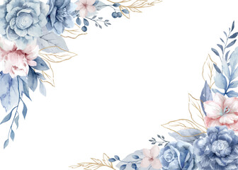 Watercolor vector floral corner border. Dusty blue, pink flowers and branches frame. Wreath arrangement for wedding, stationery, invitations, cards, decoration. 