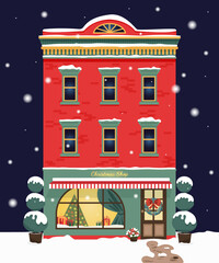 Christmas gift shop. Decorated facade of a building at night. Vector illustration in flat style. Winter city. Christmas gifts, Christmas market. Banner for Christmas and New Year. Vector illustration.