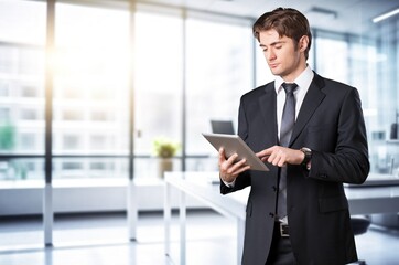 Fototapeta premium Smiling mature businessman posing in office, AI generated image
