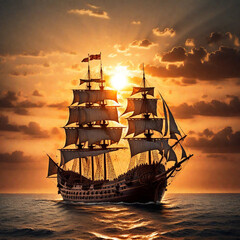 a seventeenth-century ship sails full sail across the sea
