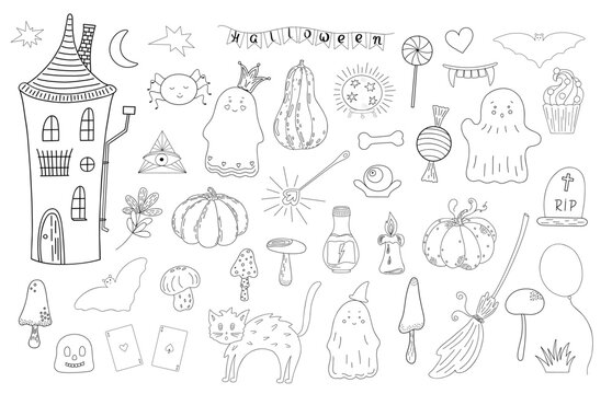 Halloween element set, doodle autumn holiday celebration decor, cute spooky simple creature vector illustration, trendy holiday symbols ghost, mushrooms, lollipop, all seeing eye, spider web, pumpkin