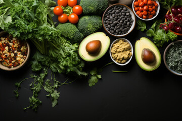 Organic Vegetarian Ingredients for Healthy Diet on Black Table